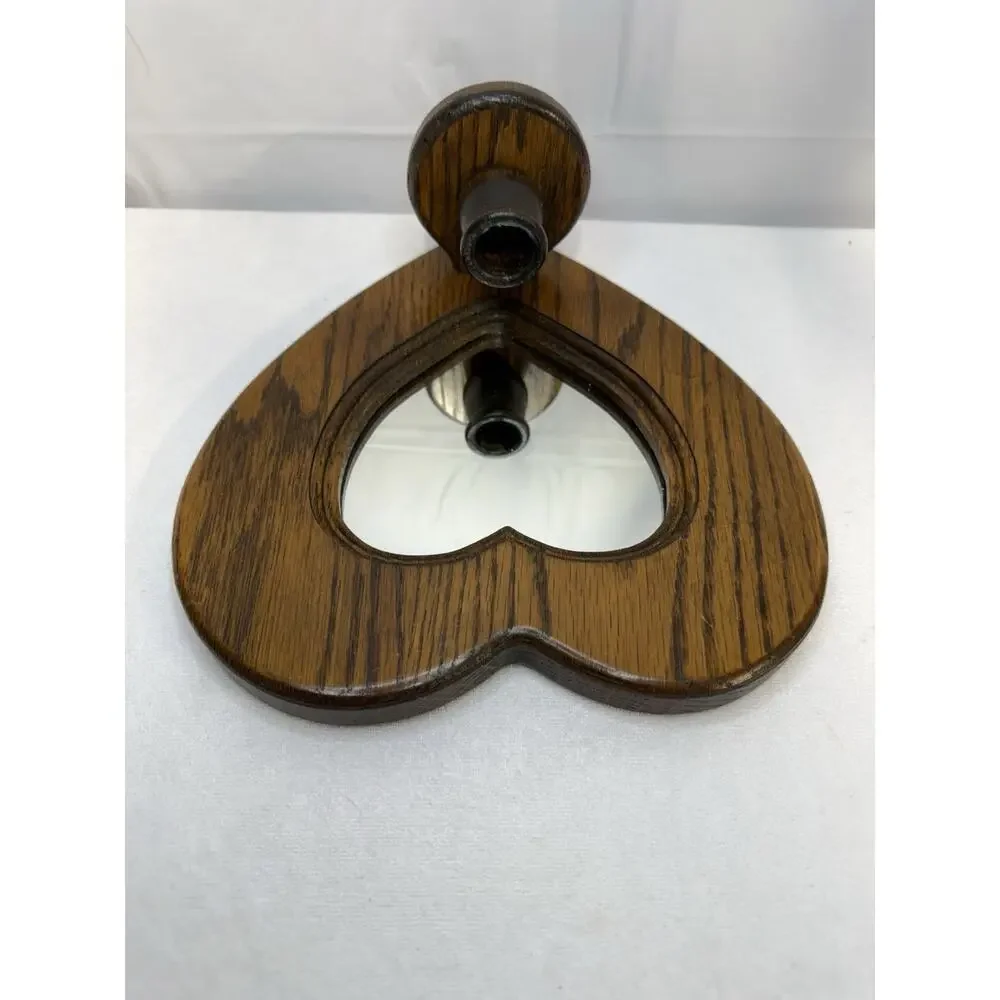 VTG Solid Oak Heart Wall Sconce Wooden Mirror Cottagecore Grannycore Candle